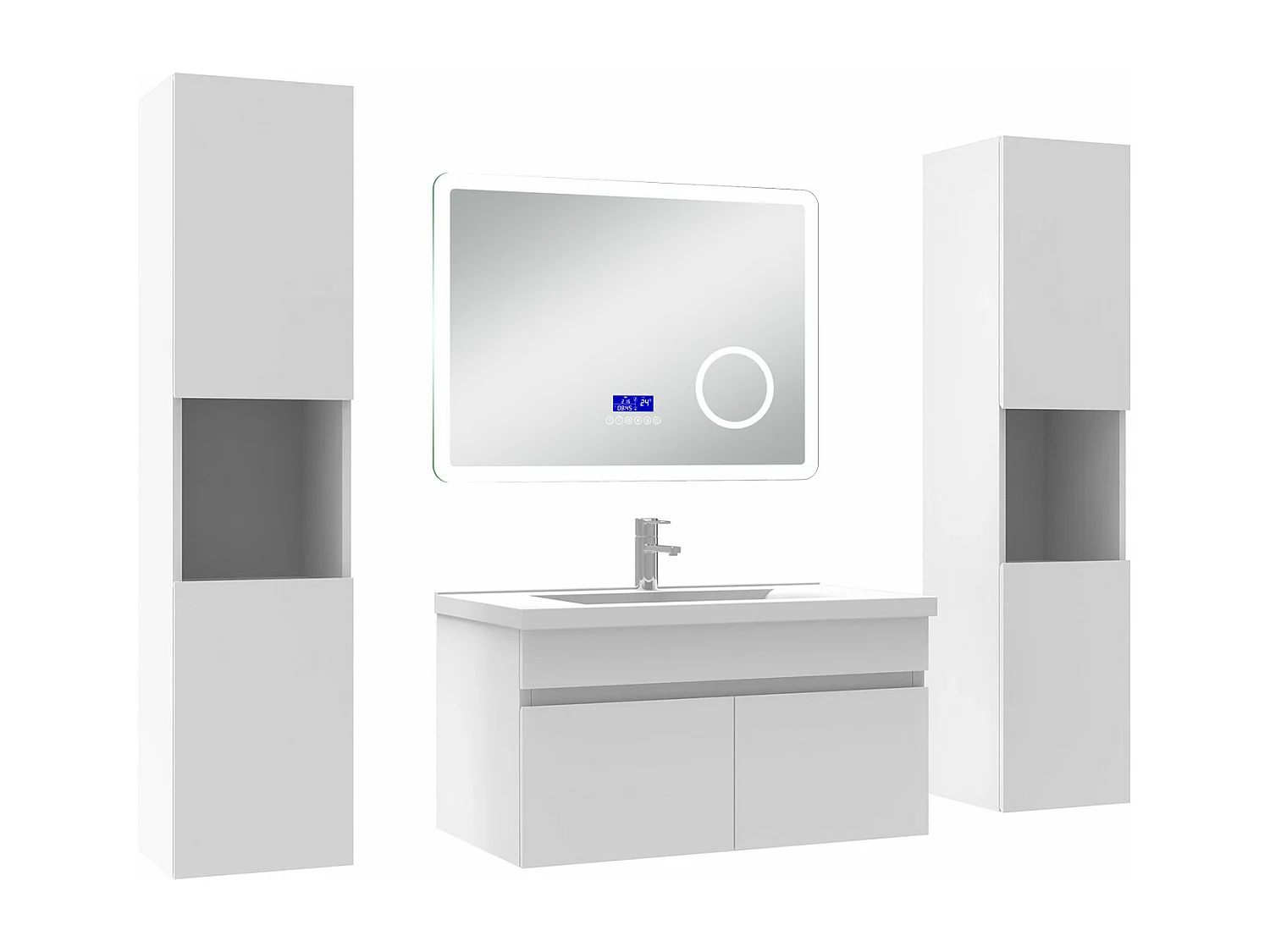 AICA Ensemble meuble Salle de Bain 80cm blanc avec 2 colonnes, simple vasque et Led miroir dimmable avec 3 couleurs, Bluetooth et 3X grossissement.