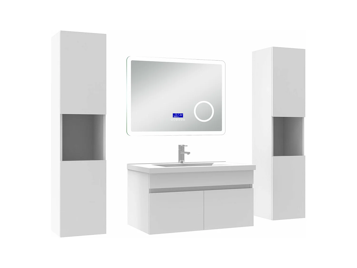 AICA Ensemble meuble Salle de Bain 80cm blanc avec 2 colonnes, simple vasque et Led miroir dimmable avec 3 couleurs, Bluetooth et 3X grossissement.