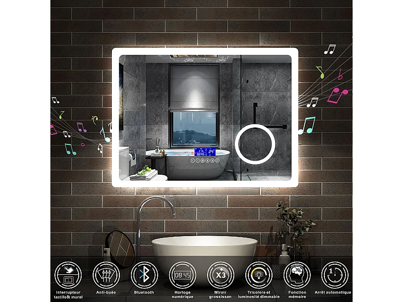AICA Ensemble meuble Salle de Bain 80cm blanc avec simple vasque et Led miroir dimmable avec 3 couleurs+Bluetooth+3X grossissement