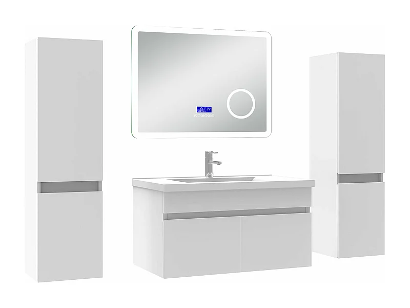 AICA Ensemble meuble Salle de Bain 80cm blanc avec 2 colonnes, simple vasque et Led miroir dimmable avec 3 couleurs, Bluetooth et 3X grossissement.