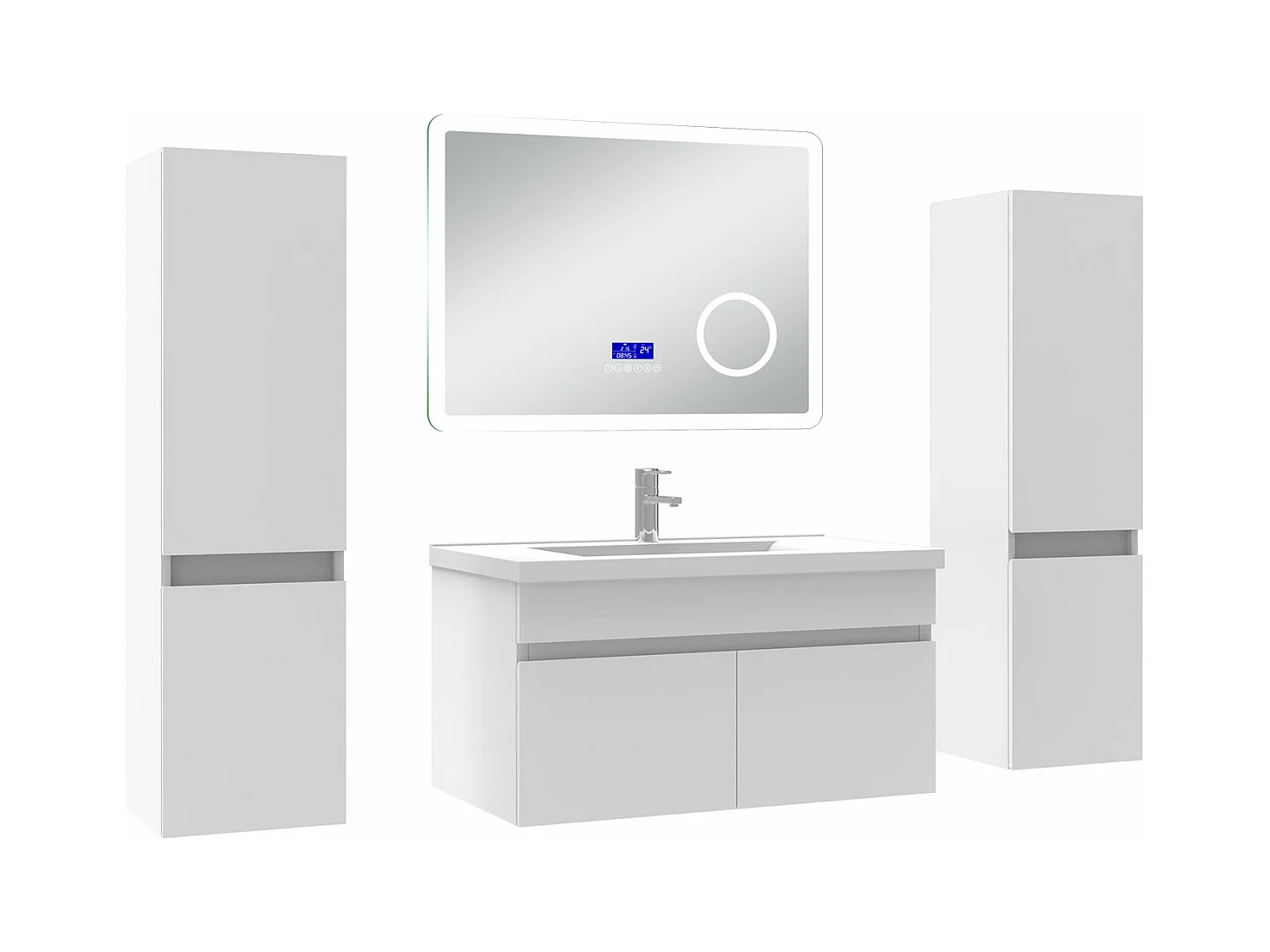 AICA Ensemble meuble Salle de Bain 80cm blanc avec 2 colonnes, simple vasque et Led miroir dimmable avec 3 couleurs, Bluetooth et 3X grossissement.