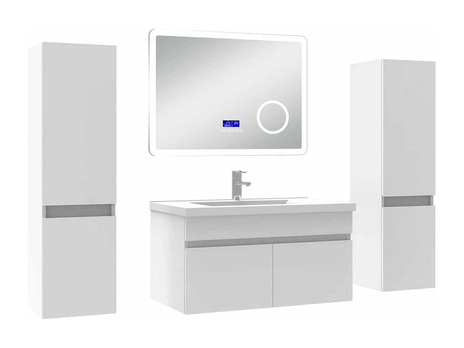 AICA Ensemble meuble Salle de Bain 80cm blanc avec 2 colonnes, simple vasque et Led miroir dimmable avec 3 couleurs, Bluetooth et 3X grossissement.