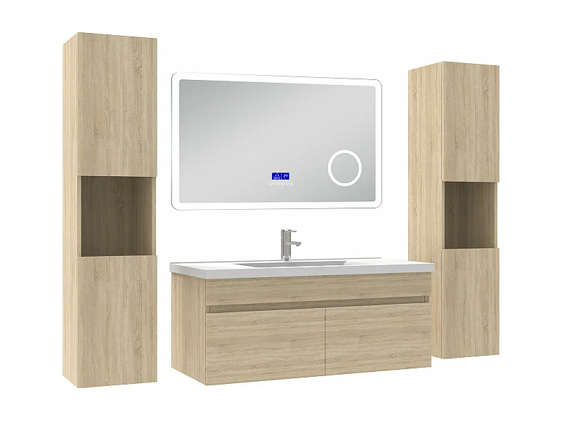 AICA Ensemble meuble Salle de Bain Chêne Wotan 100cm avec 2 colonnes, simple vasque et Led miroir dimmable avec 3 couleurs, Bluetooth et 3X grossissement.