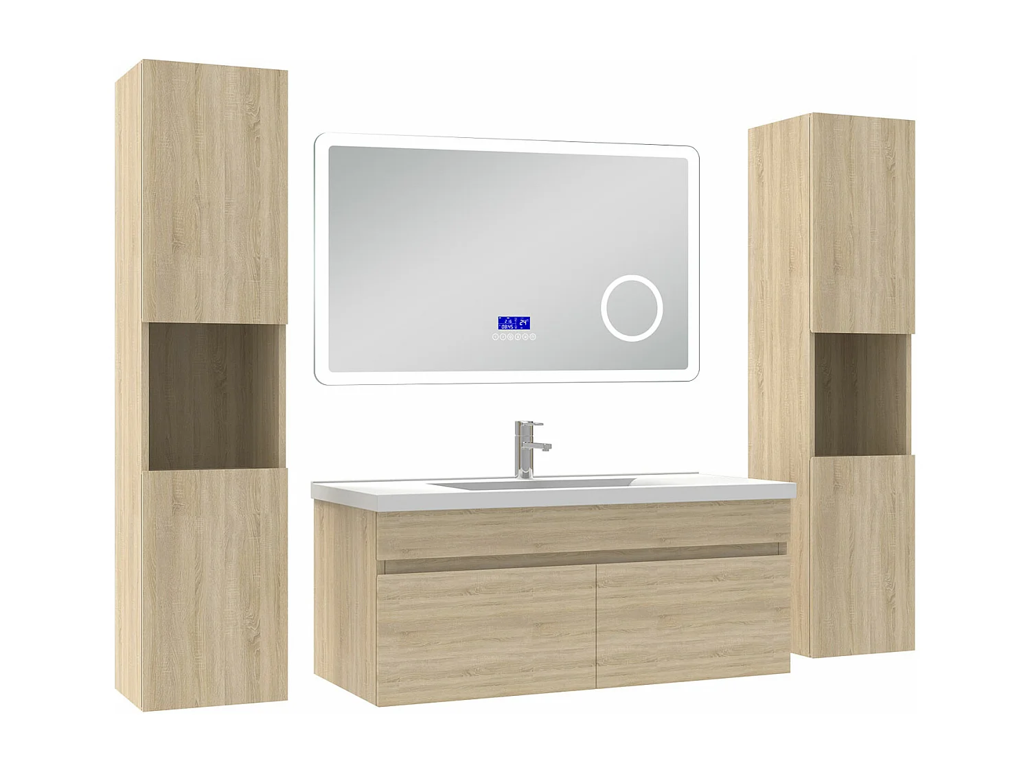 AICA Ensemble meuble Salle de Bain Chêne Wotan 100cm avec 2 colonnes, simple vasque et Led miroir dimmable avec 3 couleurs, Bluetooth et 3X grossissement.