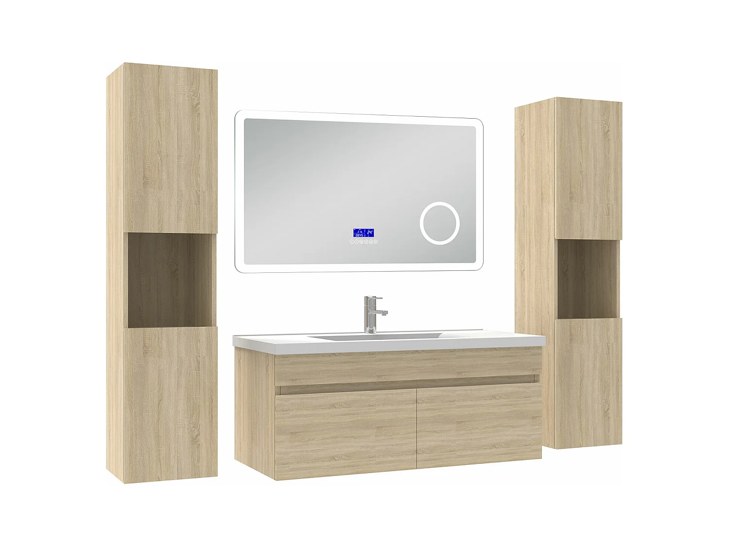 AICA Ensemble meuble Salle de Bain Chêne Wotan 100cm avec 2 colonnes, simple vasque et Led miroir dimmable avec 3 couleurs, Bluetooth et 3X grossissement.