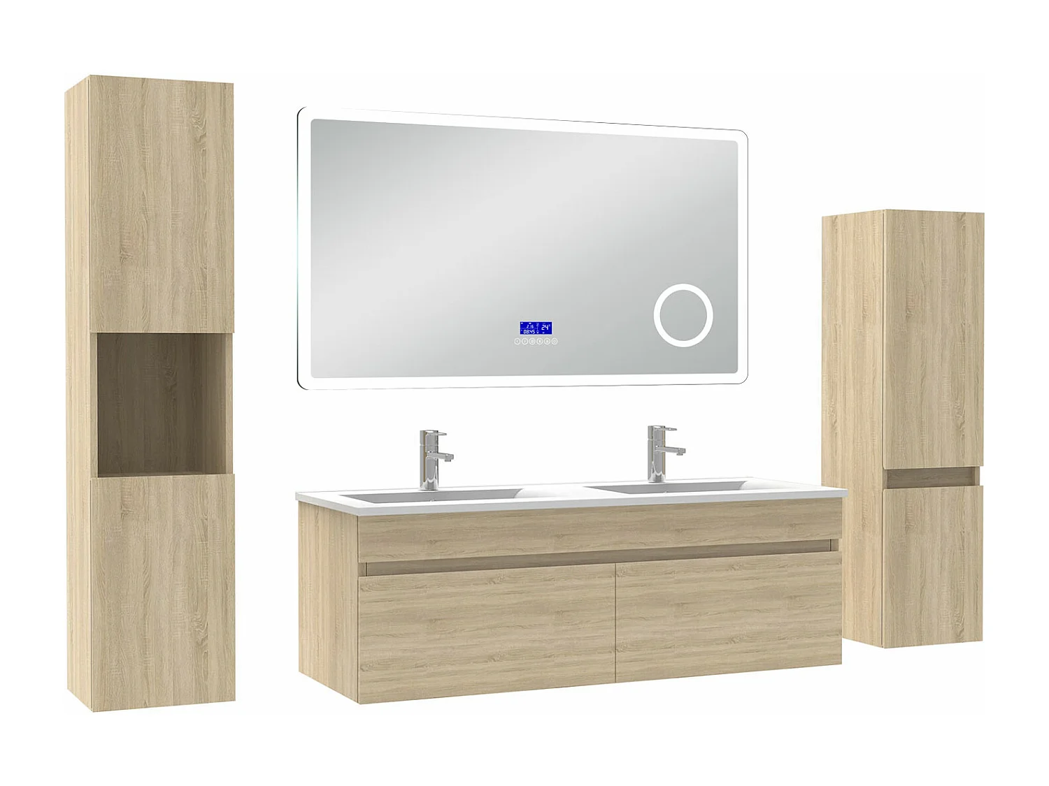 AICA Ensemble meuble Salle de Bain Chêne Wotan 120cm avec 2 colonnes, double vasque et Led miroir dimmable avec 3 couleurs, Bluetooth et 3X grossissement.