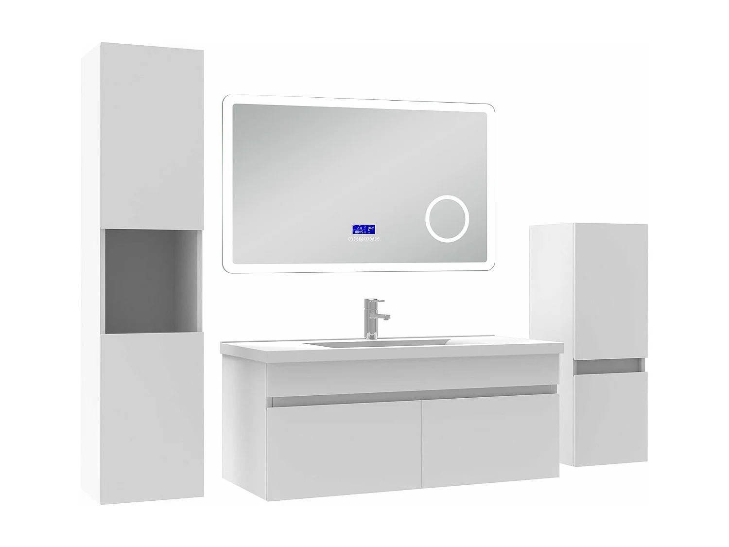 AICA Ensemble meuble Salle de Bain 100cm blanc avec 2 colonnes, simple vasque et Led miroir dimmable avec 3 couleurs, Bluetooth et 3X grossissement.