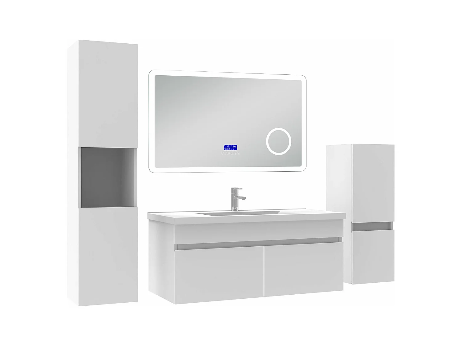 AICA Ensemble meuble Salle de Bain 100cm blanc avec 2 colonnes, simple vasque et Led miroir dimmable avec 3 couleurs, Bluetooth et 3X grossissement.