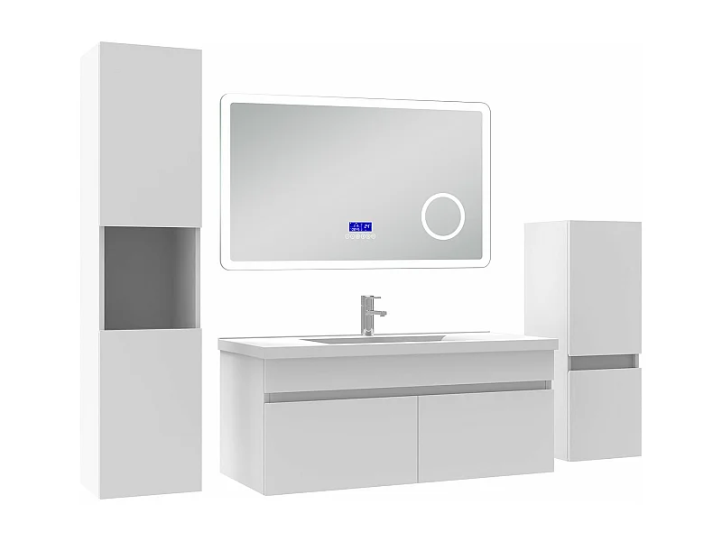 AICA Ensemble meuble Salle de Bain 100cm blanc avec 2 colonnes, simple vasque et Led miroir dimmable avec 3 couleurs, Bluetooth et 3X grossissement.