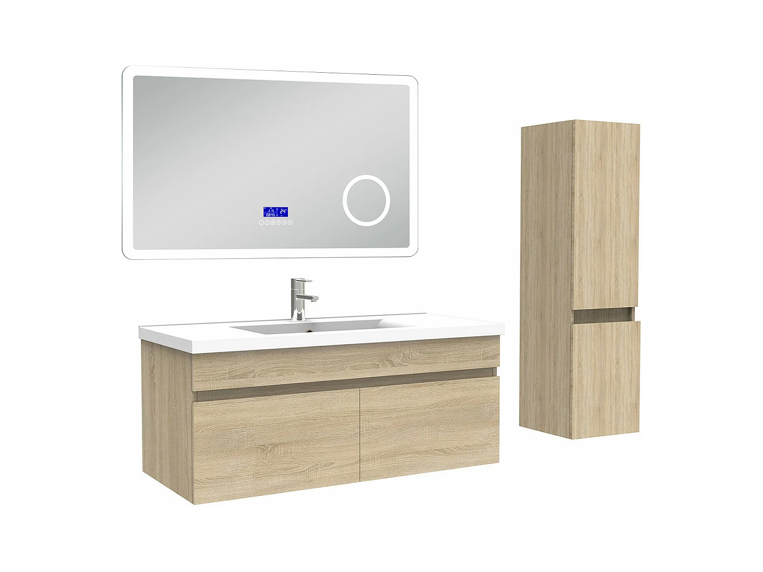AICA Ensemble meuble Salle de Bain Chêne Wotan 100cm avec colonne, simple vasque et Led miroir dimmable avec 3 couleurs, Bluetooth et 3X grossissement.