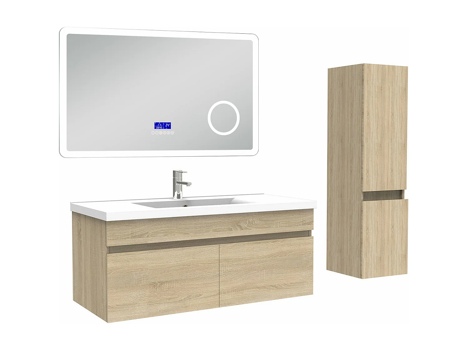 AICA Ensemble meuble Salle de Bain Chêne Wotan 100cm avec colonne, simple vasque et Led miroir dimmable avec 3 couleurs, Bluetooth et 3X grossissement.