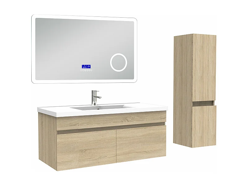 AICA Ensemble meuble Salle de Bain Chêne Wotan 100cm avec colonne, simple vasque et Led miroir dimmable avec 3 couleurs, Bluetooth et 3X grossissement.