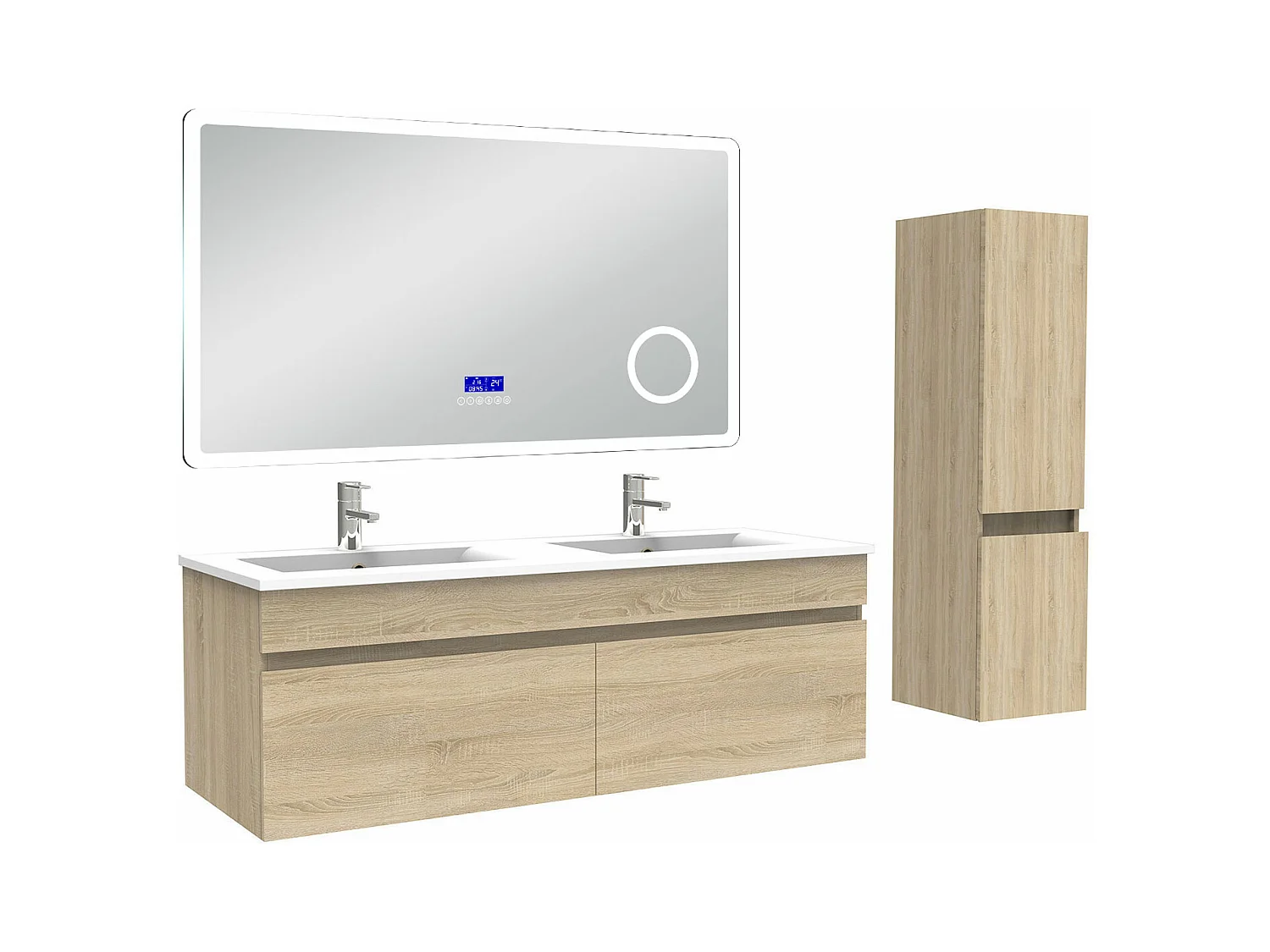AICA Ensemble meuble Salle de Bain Chêne Wotan 120cm avec colonne, double vasque et Led miroir dimmable avec 3 couleurs, Bluetooth et 3X grossissement.
