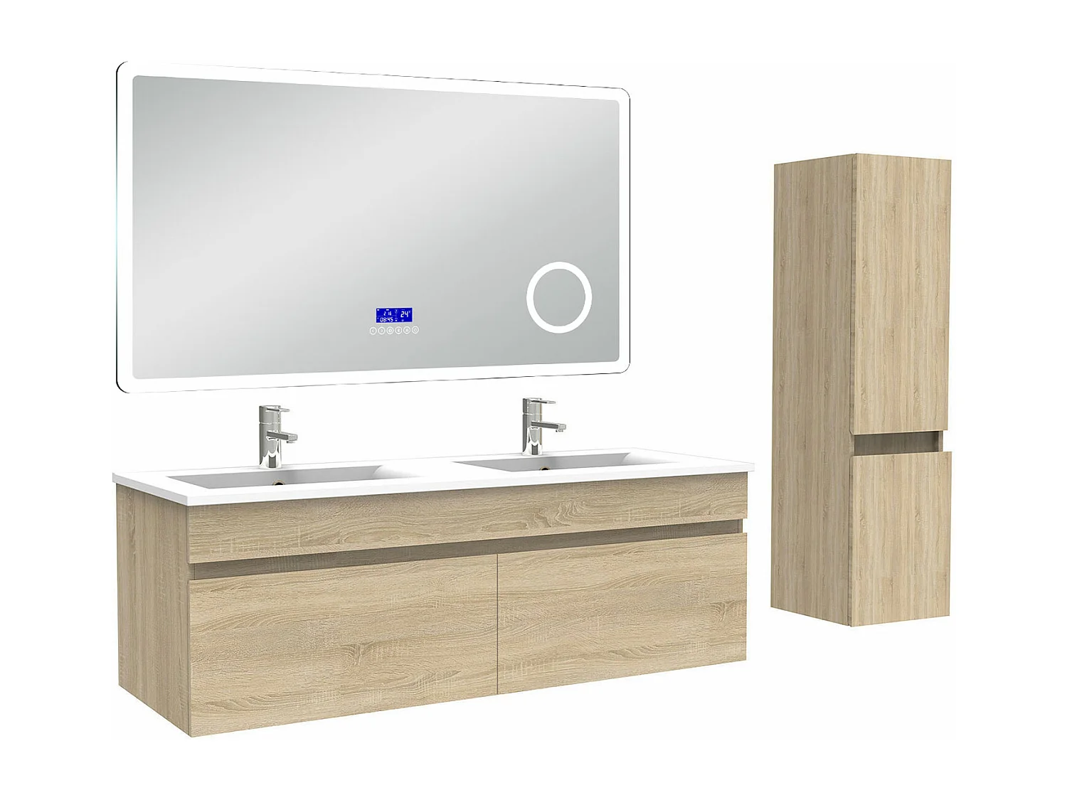 AICA Ensemble meuble Salle de Bain Chêne Wotan 120cm avec colonne, double vasque et Led miroir dimmable avec 3 couleurs, Bluetooth et 3X grossissement.