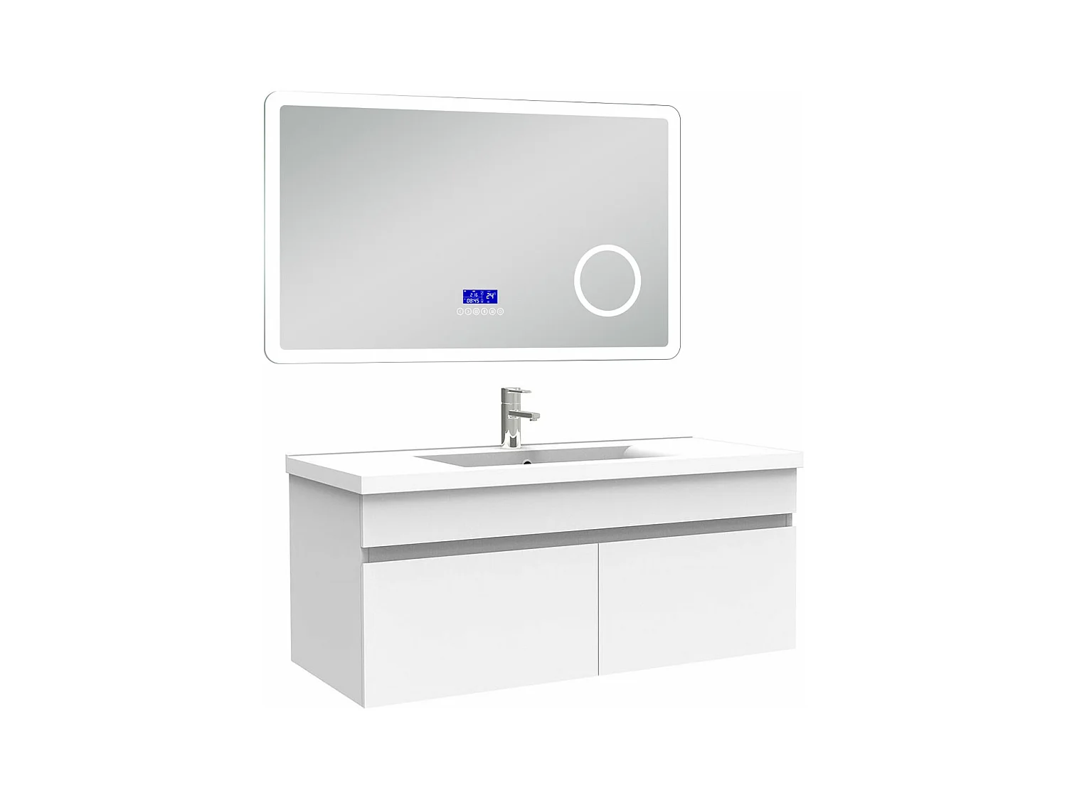 AICA Ensemble meuble Salle de Bain 100cm blanc avec simple vasque et Led miroir dimmable avec 3 couleurs+Bluetooth+3X grossissement
