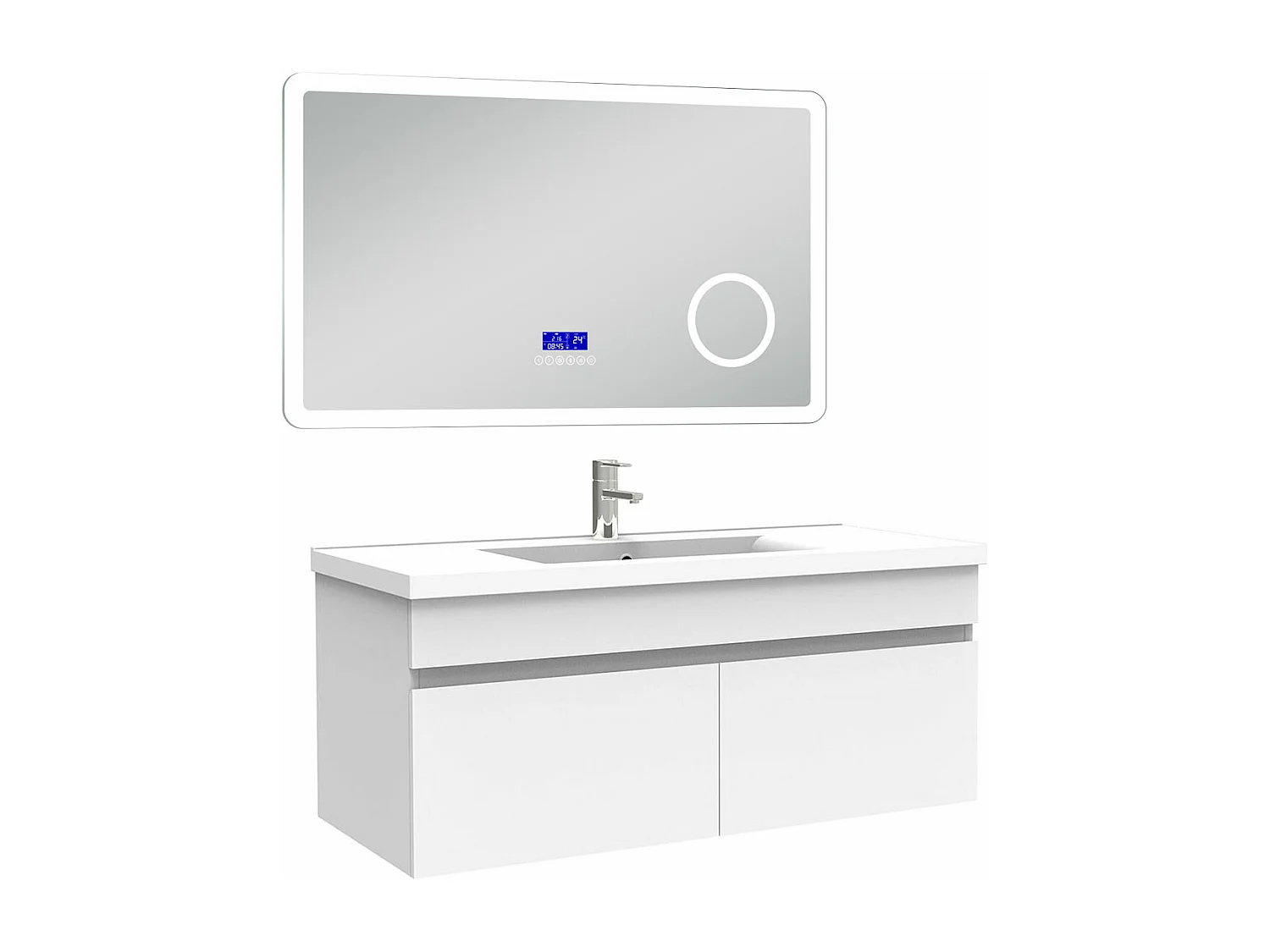 AICA Ensemble meuble Salle de Bain 100cm blanc avec simple vasque et Led miroir dimmable avec 3 couleurs+Bluetooth+3X grossissement