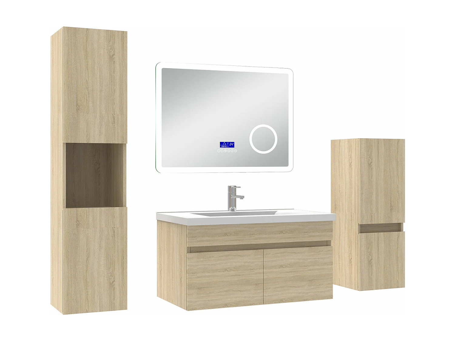 AICA Ensemble meuble Salle de Bain Chêne Wotan 80cm avec 2 colonnes, simple vasque et Led miroir dimmable avec 3 couleurs, Bluetooth et 3X grossissement.