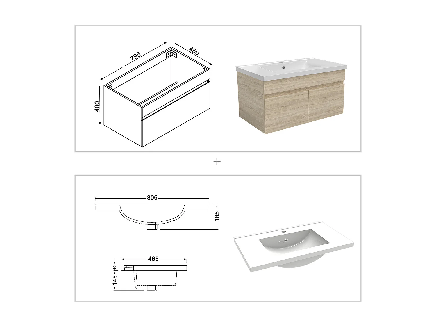 AICA Ensemble meuble Salle de Bain Chêne Wotan 80cm avec 2 colonnes, simple vasque et Led miroir dimmable avec 3 couleurs, Bluetooth et 3X grossissement.