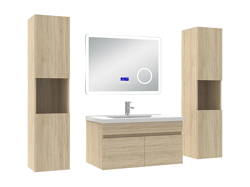 AICA Ensemble meuble Salle de Bain Chêne Wotan 80cm avec 2 colonnes, simple vasque et Led miroir dimmable avec 3 couleurs, Bluetooth et 3X grossissement.