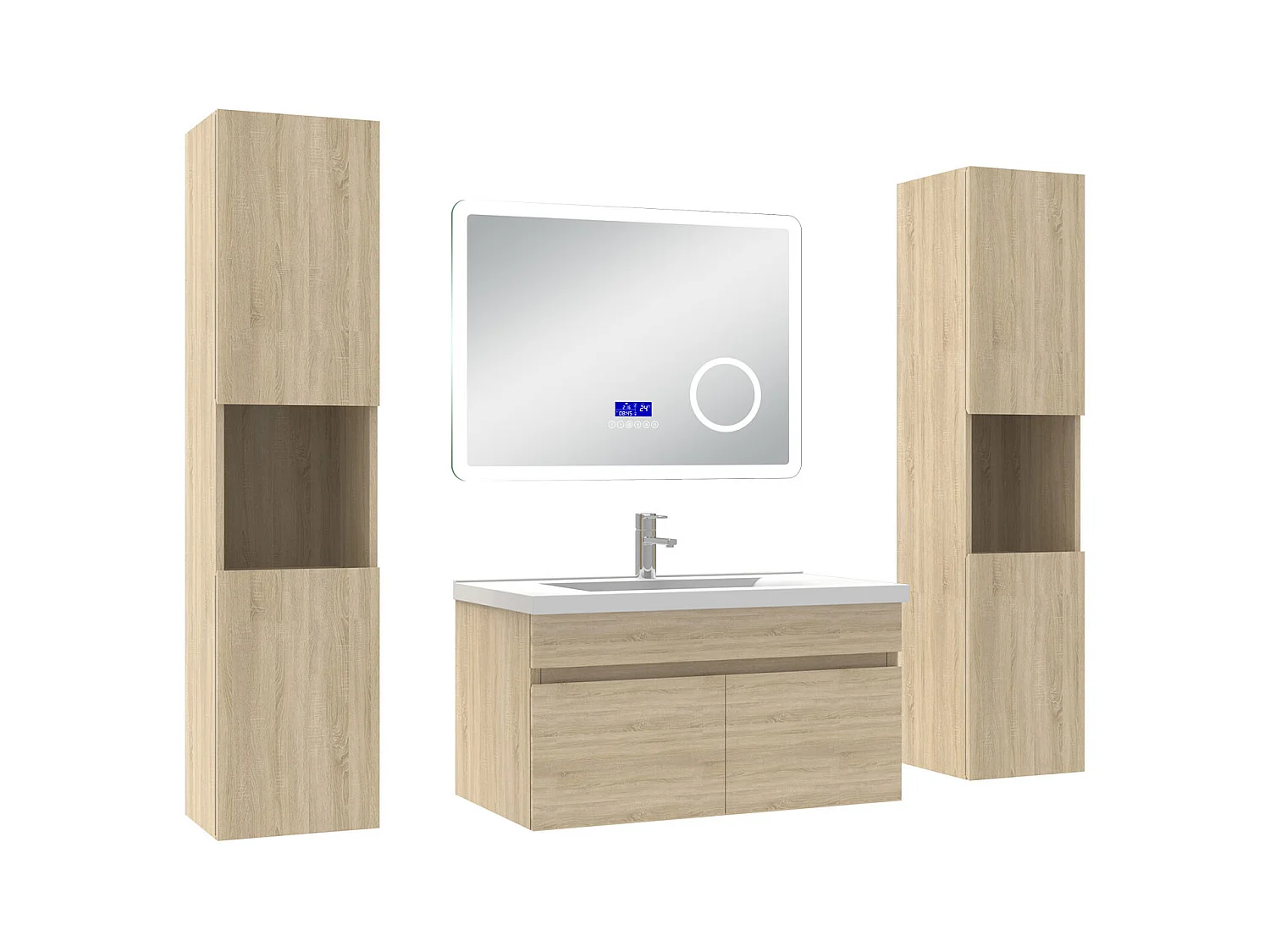 AICA Ensemble meuble Salle de Bain Chêne Wotan 80cm avec 2 colonnes, simple vasque et Led miroir dimmable avec 3 couleurs, Bluetooth et 3X grossissement.