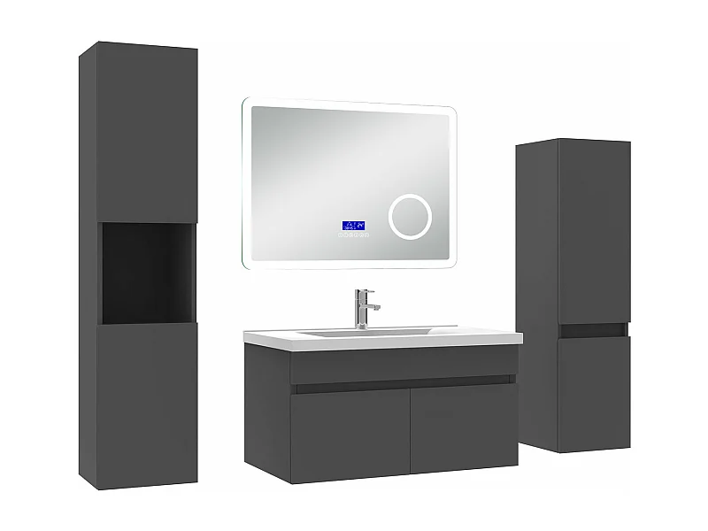 AICA Ensemble meuble Salle de Bain Anthracite 80cm avec 2 colonnes, simple vasque et Led miroir dimmable avec 3 couleurs, Bluetooth et 3X grossissement.