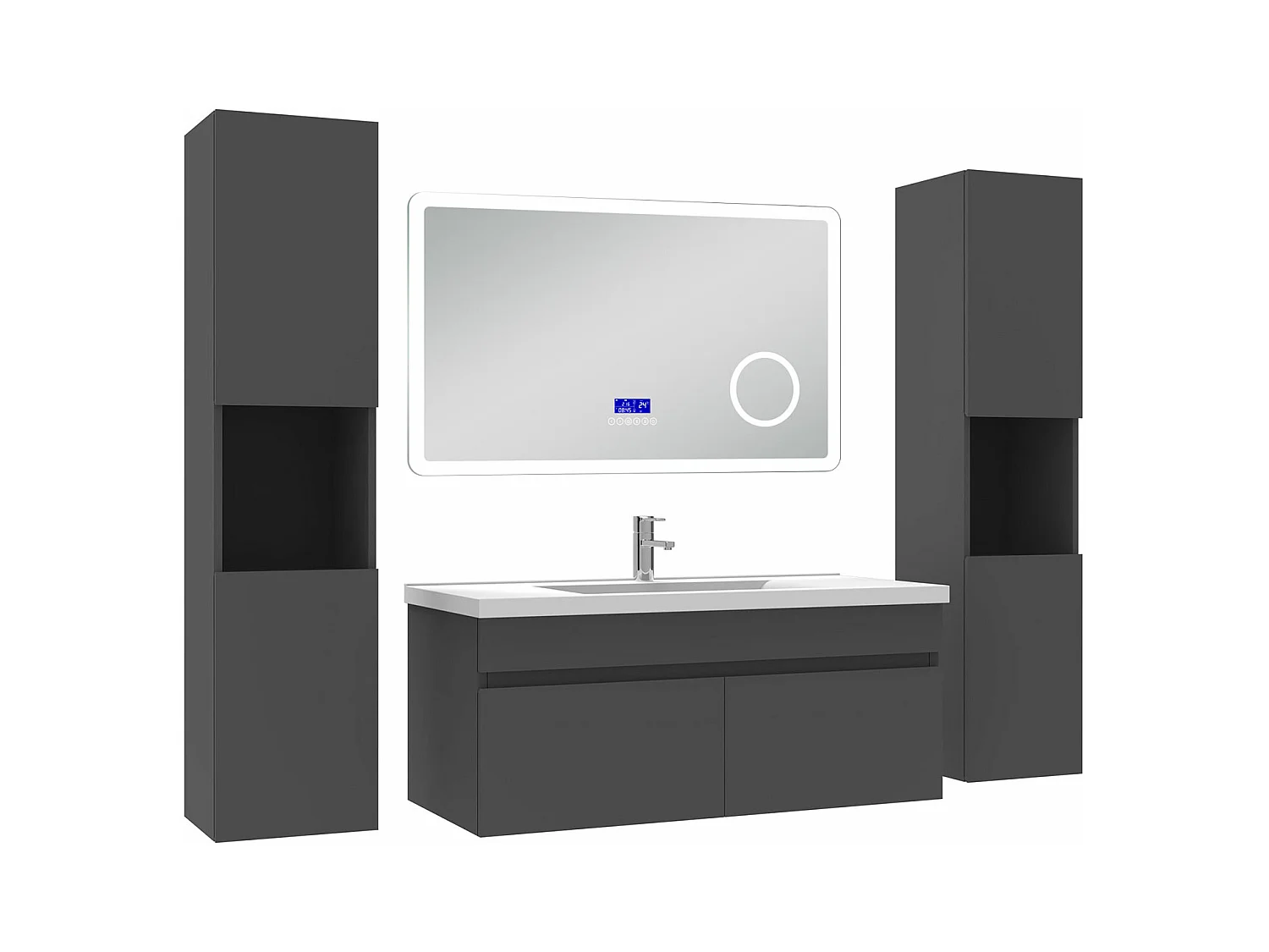 AICA Ensemble meuble Salle de Bain Anthracite 100cm avec 2 colonnes, simple vasque et Led miroir dimmable avec 3 couleurs, Bluetooth et 3X grossissement.