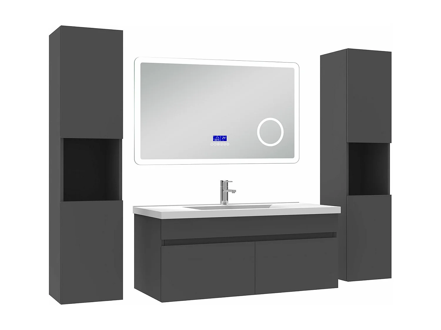 AICA Ensemble meuble Salle de Bain Anthracite 100cm avec 2 colonnes, simple vasque et Led miroir dimmable avec 3 couleurs, Bluetooth et 3X grossissement.