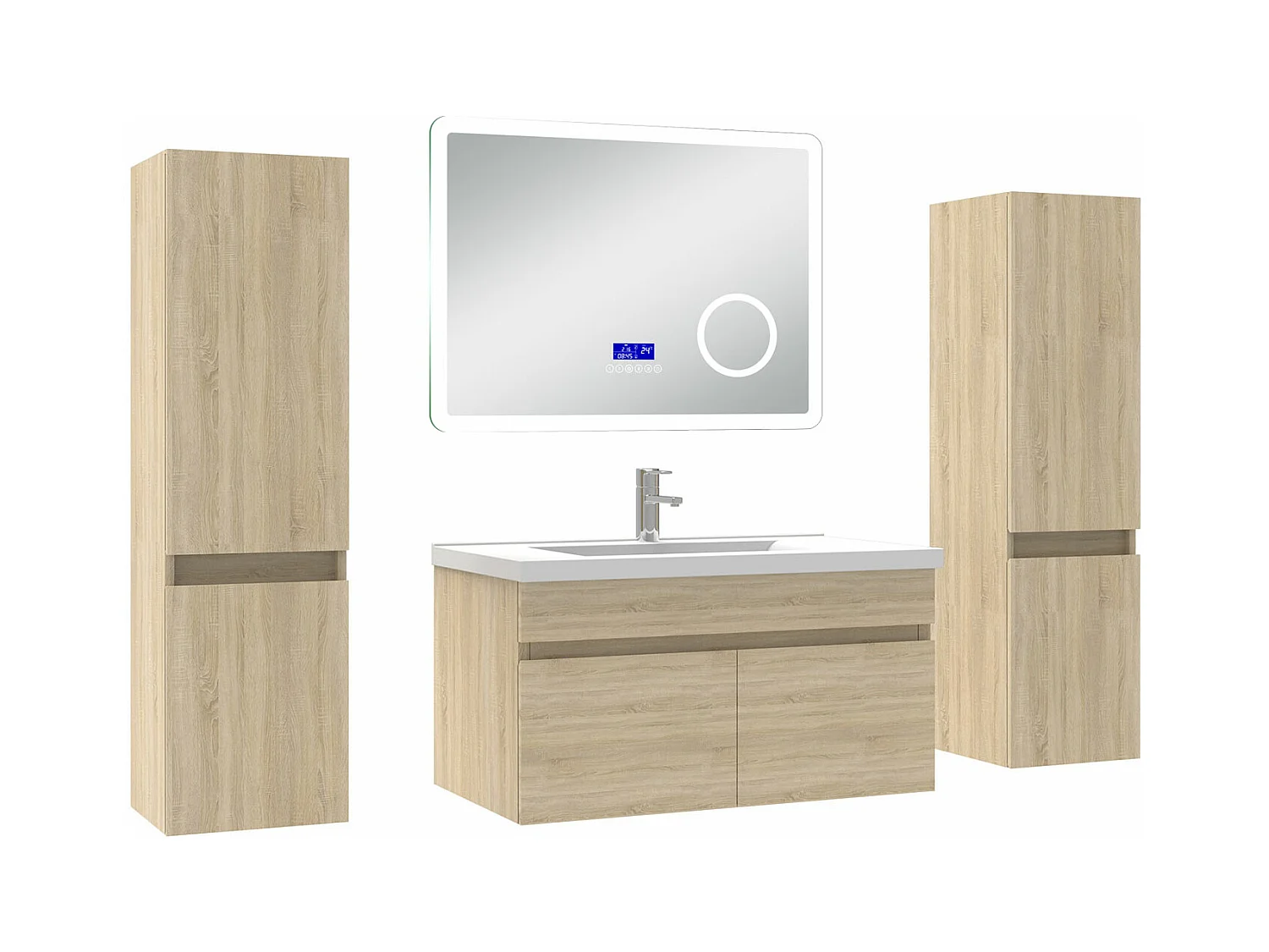 AICA Ensemble meuble Salle de Bain Chêne Wotan 80cm avec 2 colonnes, simple vasque et Led miroir dimmable avec 3 couleurs, Bluetooth et 3X grossissement.