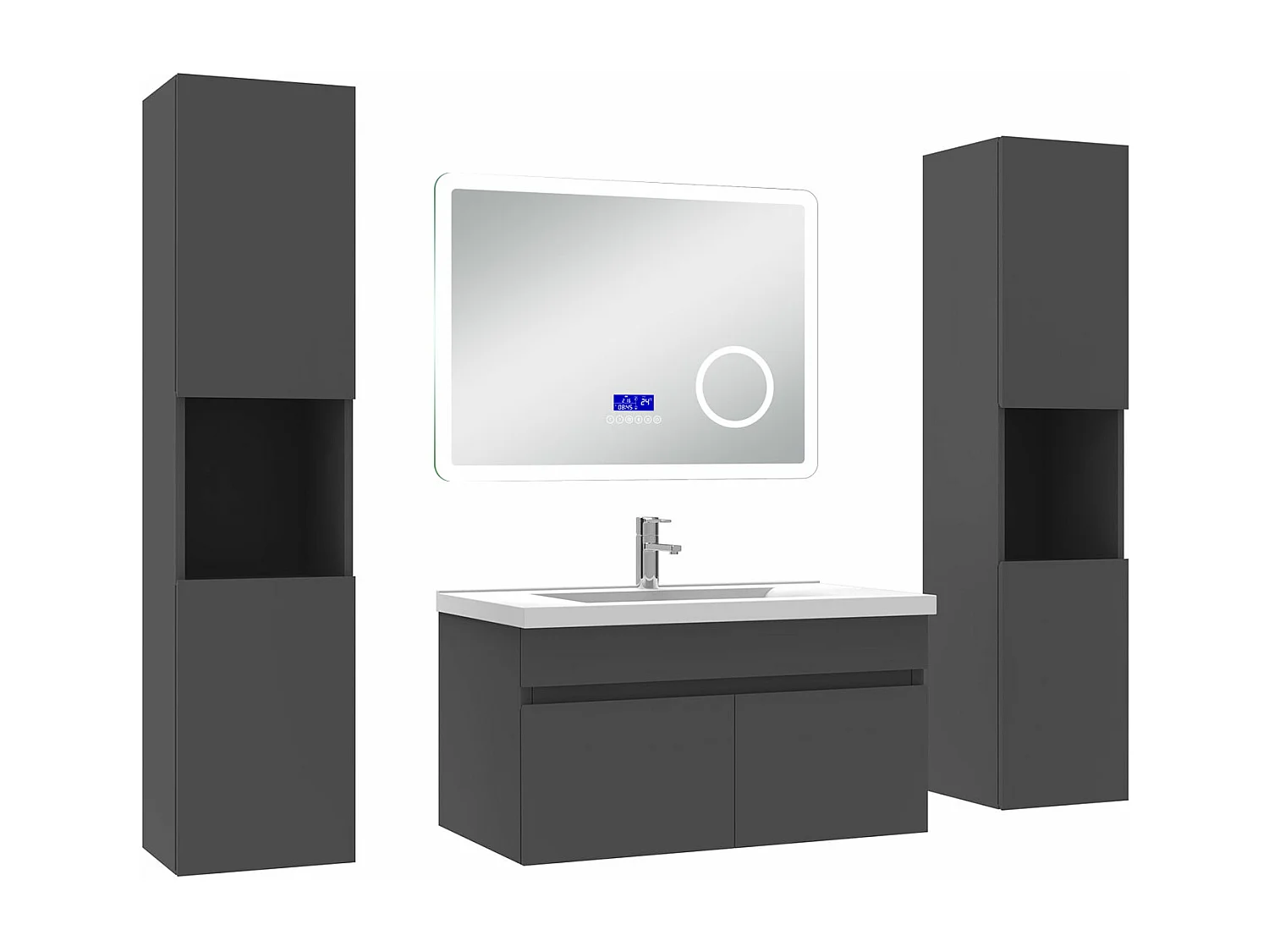 AICA Ensemble meuble Salle de Bain Anthracite 80cm avec 2 colonnes, simple vasque et Led miroir dimmable avec 3 couleurs, Bluetooth et 3X grossissement.