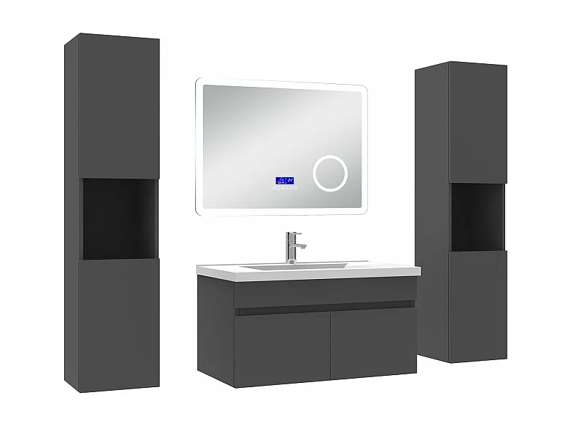 AICA Ensemble meuble Salle de Bain Anthracite 80cm avec 2 colonnes, simple vasque et Led miroir dimmable avec 3 couleurs, Bluetooth et 3X grossissement.