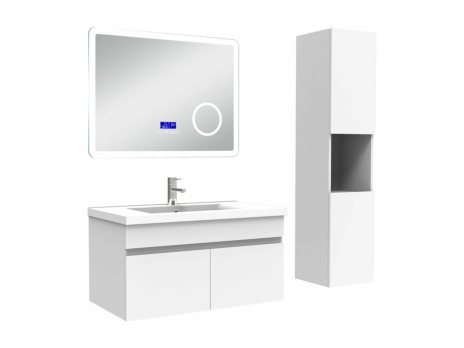 AICA Ensemble meuble Salle de Bain 80cm blanc avec colonne, simple vasque et Led miroir dimmable avec 3 couleurs, Bluetooth et 3X grossissement.