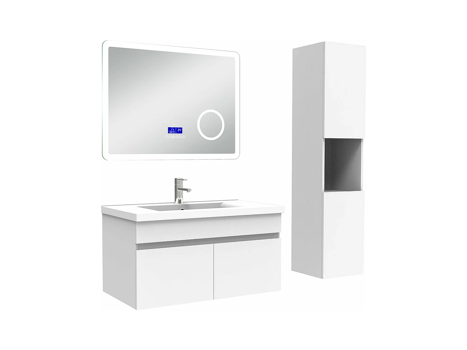 AICA Ensemble meuble Salle de Bain 80cm blanc avec colonne, simple vasque et Led miroir dimmable avec 3 couleurs, Bluetooth et 3X grossissement.
