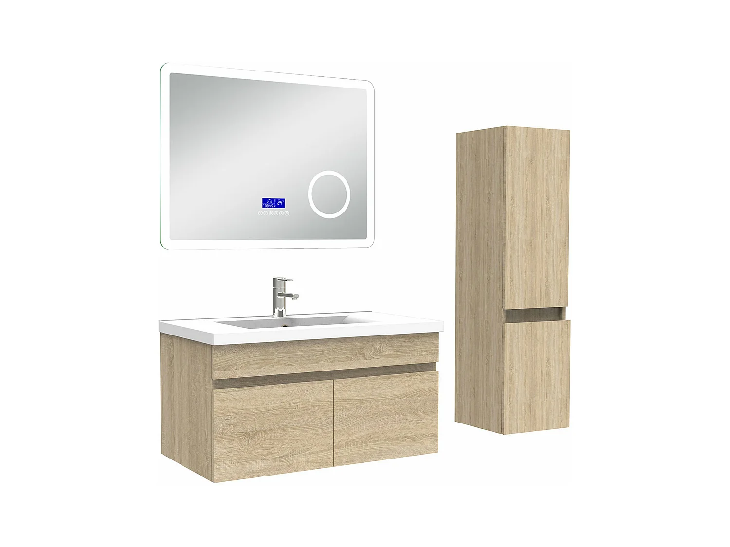 AICA Ensemble meuble Salle de Bain Chêne Wotan 80cm avec colonne, simple vasque et Led miroir dimmable avec 3 couleurs, Bluetooth et 3X grossissement.