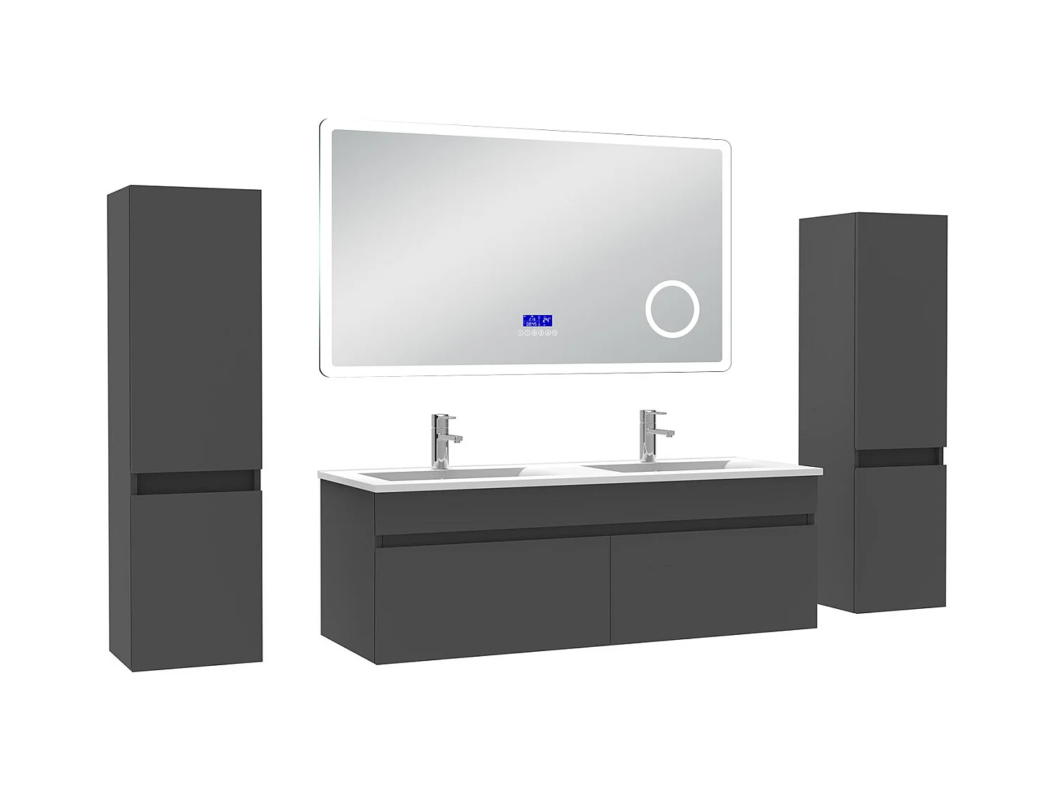 AICA Ensemble meuble Salle de Bain 120cm blanc avec 2 colonnes, double vasque et Led miroir dimmable avec 3 couleurs, Bluetooth et 3X grossissement.