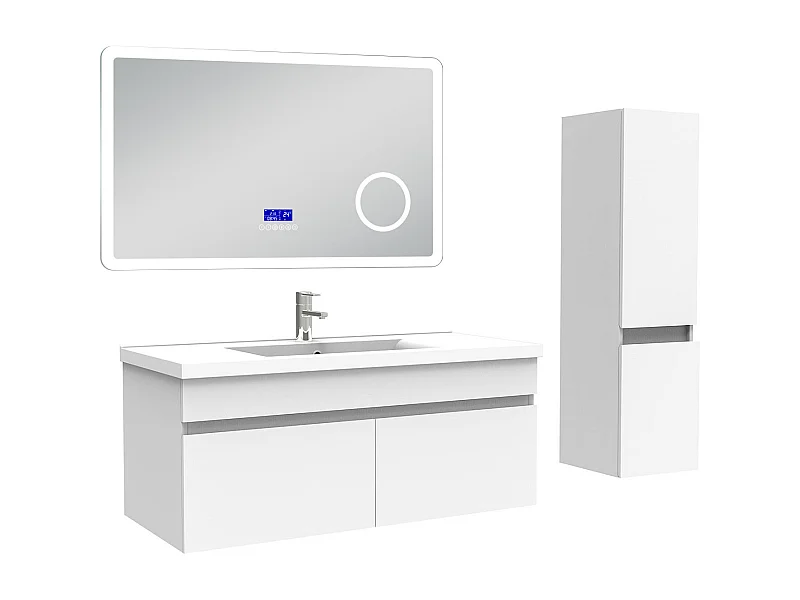 AICA Ensemble meuble Salle de Bain 100cm blanc avec colonne, simple vasque et Led miroir dimmable avec 3 couleurs, Bluetooth et 3X grossissement.