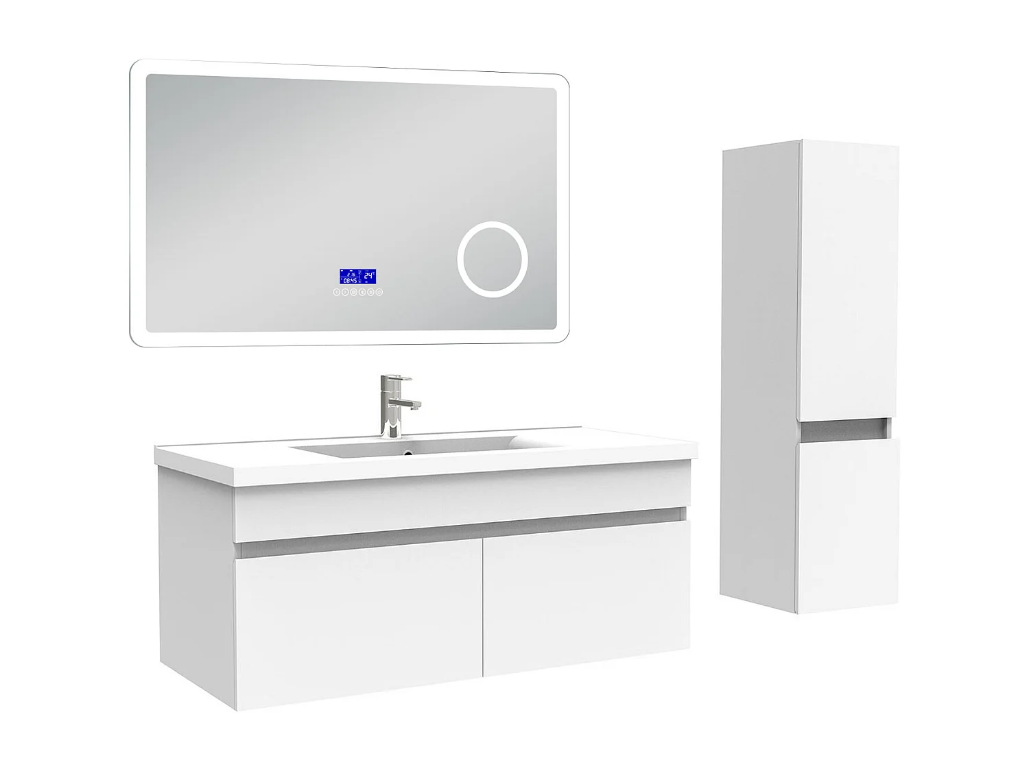 AICA Ensemble meuble Salle de Bain 100cm blanc avec colonne, simple vasque et Led miroir dimmable avec 3 couleurs, Bluetooth et 3X grossissement.