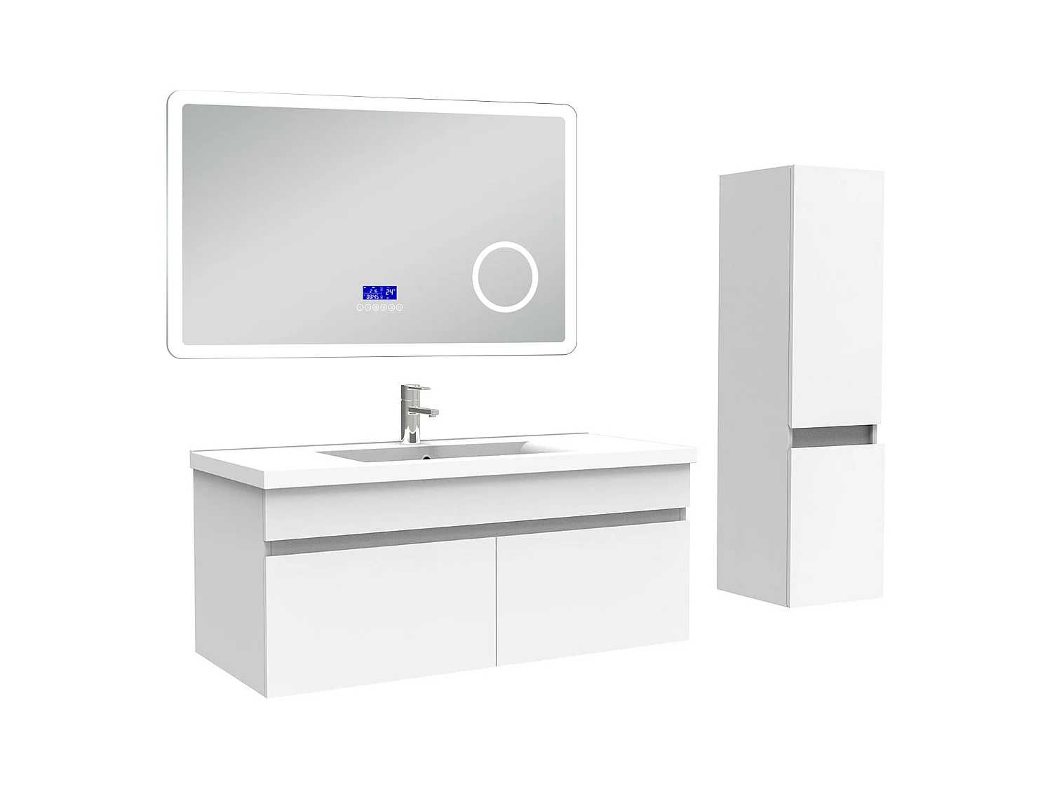 AICA Ensemble meuble Salle de Bain 100cm blanc avec colonne, simple vasque et Led miroir dimmable avec 3 couleurs, Bluetooth et 3X grossissement.