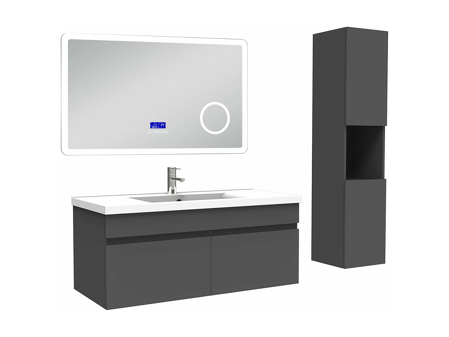 AICA Ensemble meuble Salle de Bain Anthracite 100cm avec colonne, simple vasque et Led miroir dimmable avec 3 couleurs, Bluetooth et 3X grossissement.