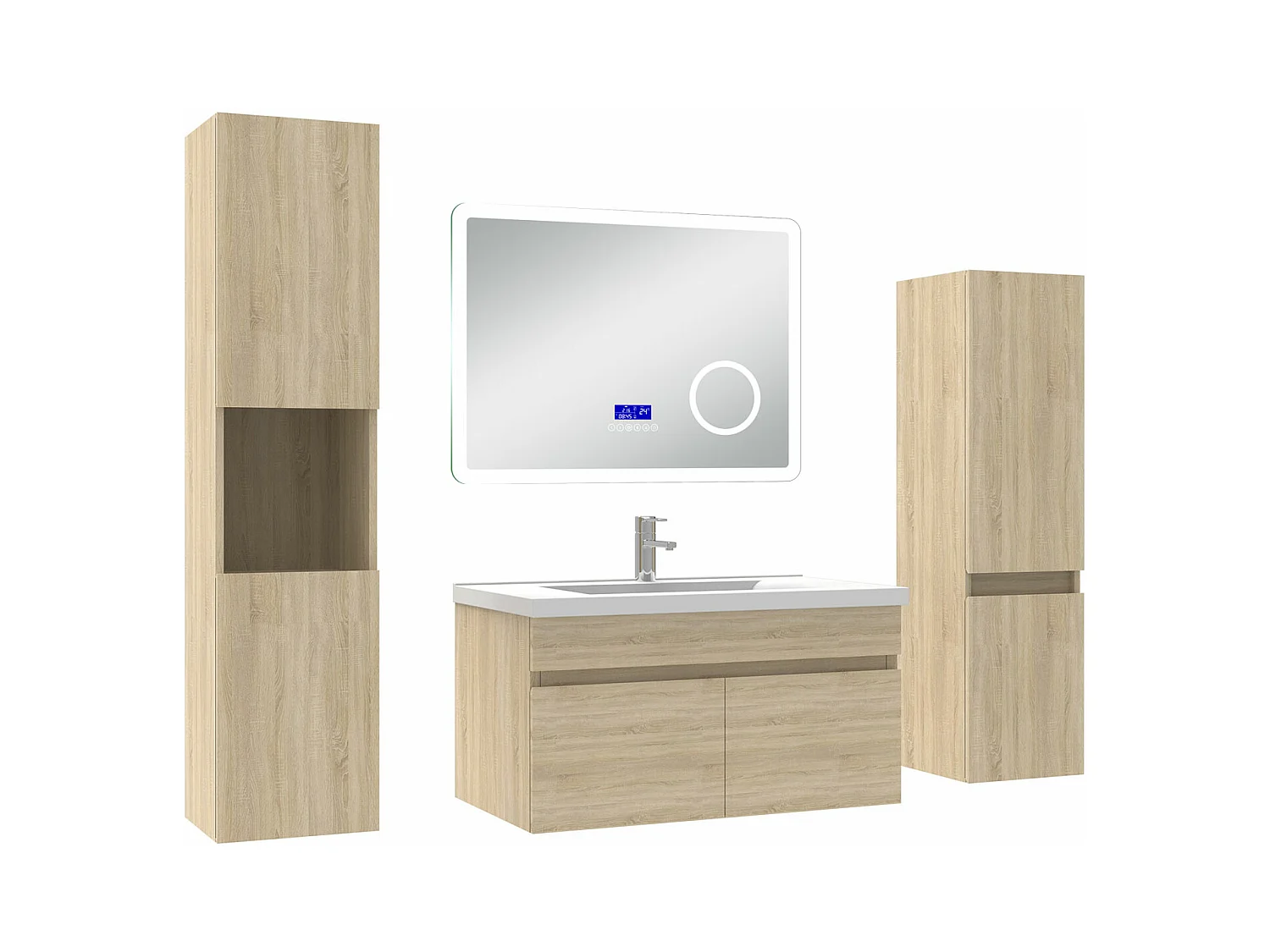 AICA Ensemble meuble Salle de Bain Chêne Wotan 80cm avec 2 colonnes, simple vasque et Led miroir dimmable avec 3 couleurs, Bluetooth et 3X grossissement.