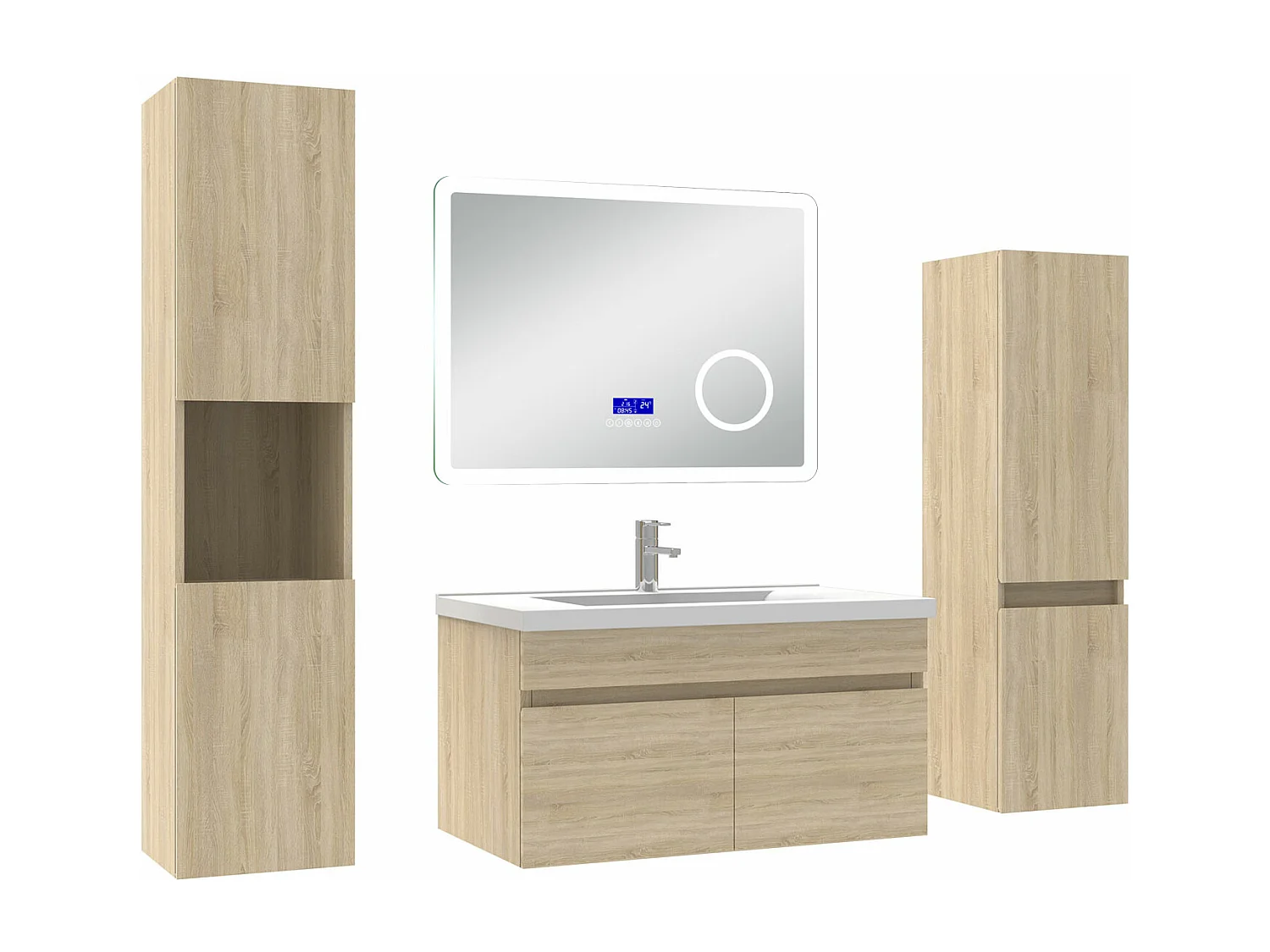 AICA Ensemble meuble Salle de Bain Chêne Wotan 80cm avec 2 colonnes, simple vasque et Led miroir dimmable avec 3 couleurs, Bluetooth et 3X grossissement.