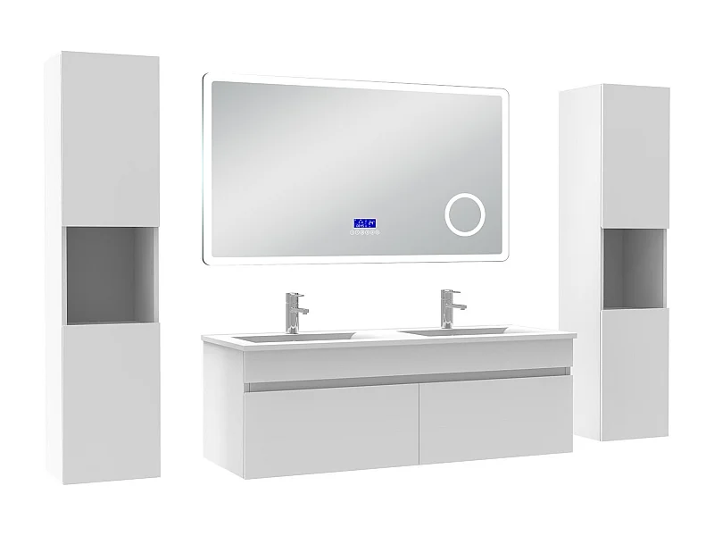 AICA Ensemble meuble Salle de Bain 120cm blanc avec 2 colonnes, double vasque et Led miroir dimmable avec 3 couleurs, Bluetooth et 3X grossissement.