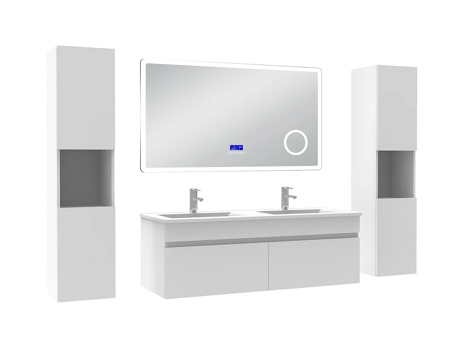 AICA Ensemble meuble Salle de Bain 120cm blanc avec 2 colonnes, double vasque et Led miroir dimmable avec 3 couleurs, Bluetooth et 3X grossissement.