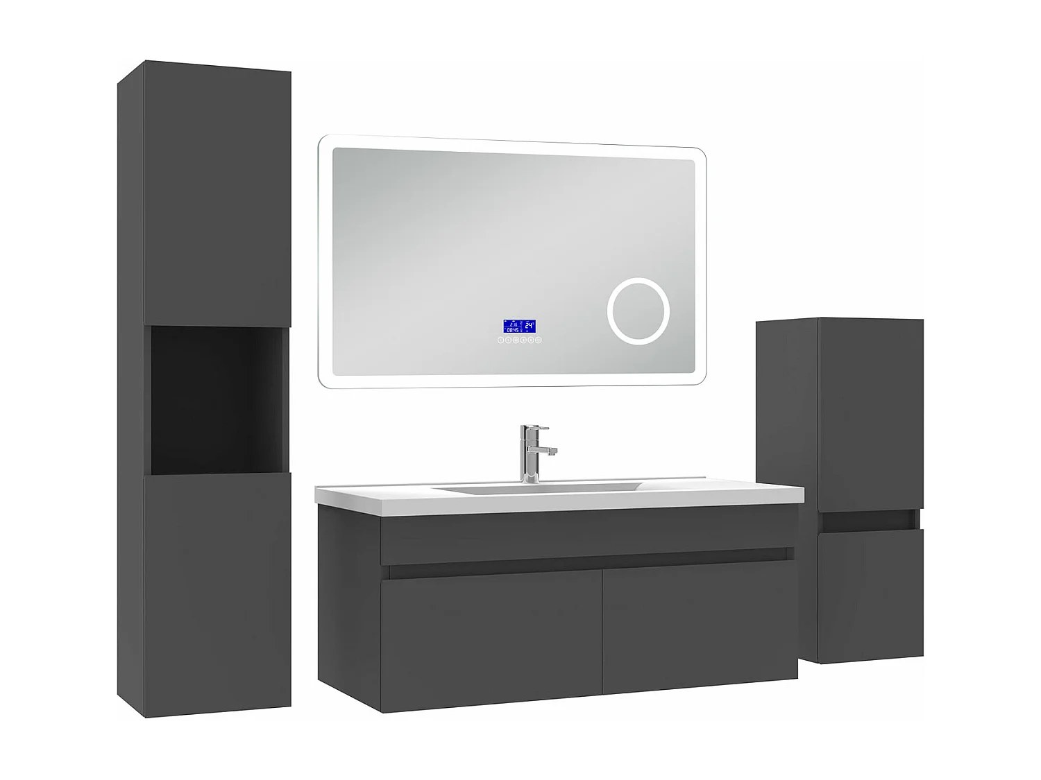 AICA Ensemble meuble Salle de Bain Anthracite 100cm avec 2 colonnes, simple vasque et Led miroir dimmable avec 3 couleurs, Bluetooth et 3X grossissement.