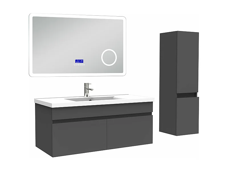 AICA Ensemble meuble Salle de Bain Anthracite 100cm avec colonne, simple vasque et Led miroir dimmable avec 3 couleurs, Bluetooth et 3X grossissement.
