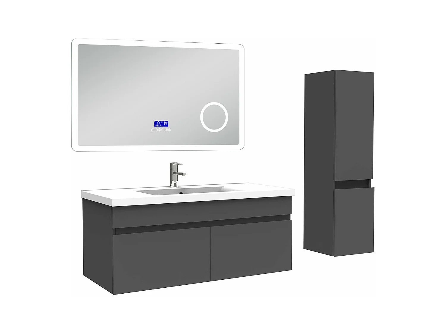 AICA Ensemble meuble Salle de Bain Anthracite 100cm avec colonne, simple vasque et Led miroir dimmable avec 3 couleurs, Bluetooth et 3X grossissement.