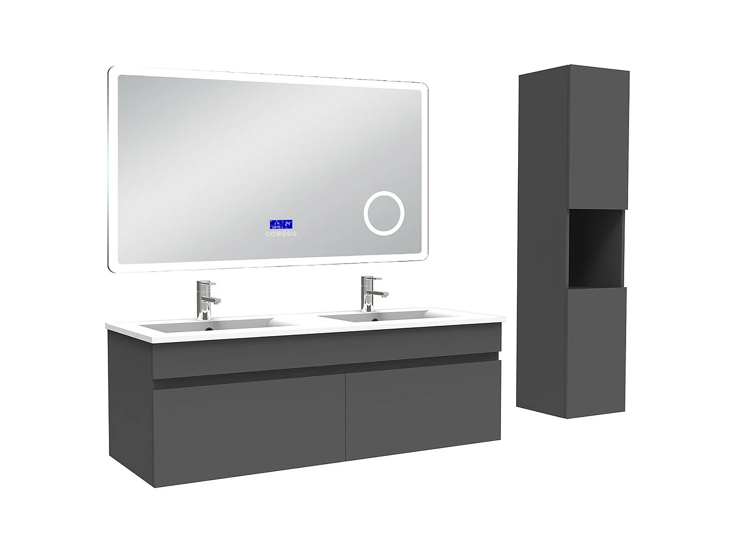 AICA Ensemble meuble Salle de Bain Anthracite 120cm avec colonne, double vasque et Led miroir dimmable avec 3 couleurs, Bluetooth et 3X grossissement.