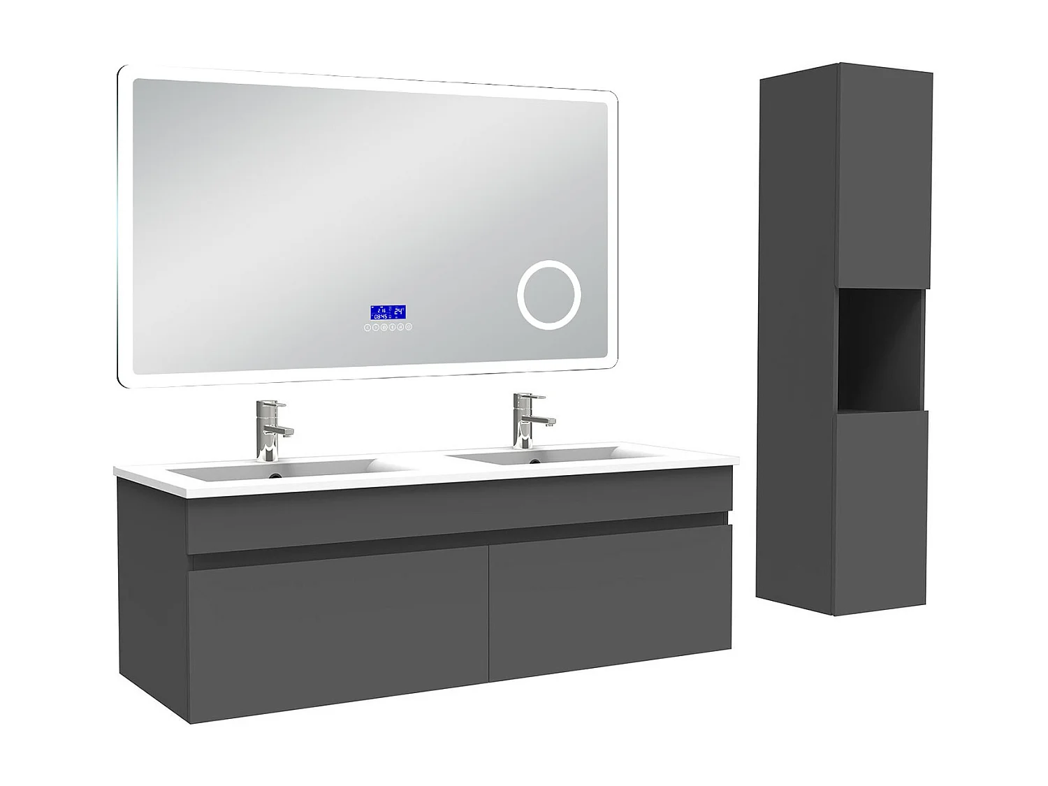 AICA Ensemble meuble Salle de Bain Anthracite 120cm avec colonne, double vasque et Led miroir dimmable avec 3 couleurs, Bluetooth et 3X grossissement.