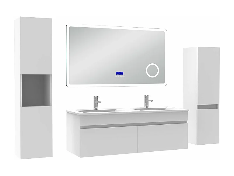 AICA Ensemble meuble Salle de Bain 120cm blanc avec 2 colonnes, double vasque et Led miroir dimmable avec 3 couleurs, Bluetooth et 3X grossissement.