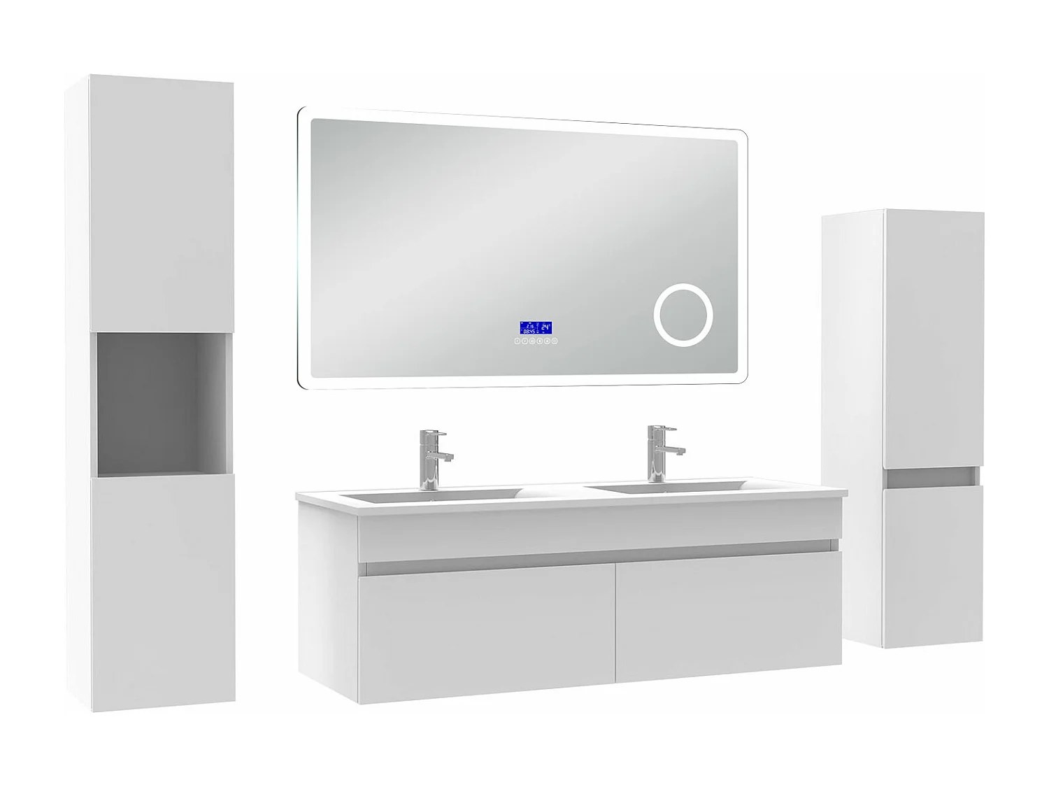 AICA Ensemble meuble Salle de Bain 120cm blanc avec 2 colonnes, double vasque et Led miroir dimmable avec 3 couleurs, Bluetooth et 3X grossissement.