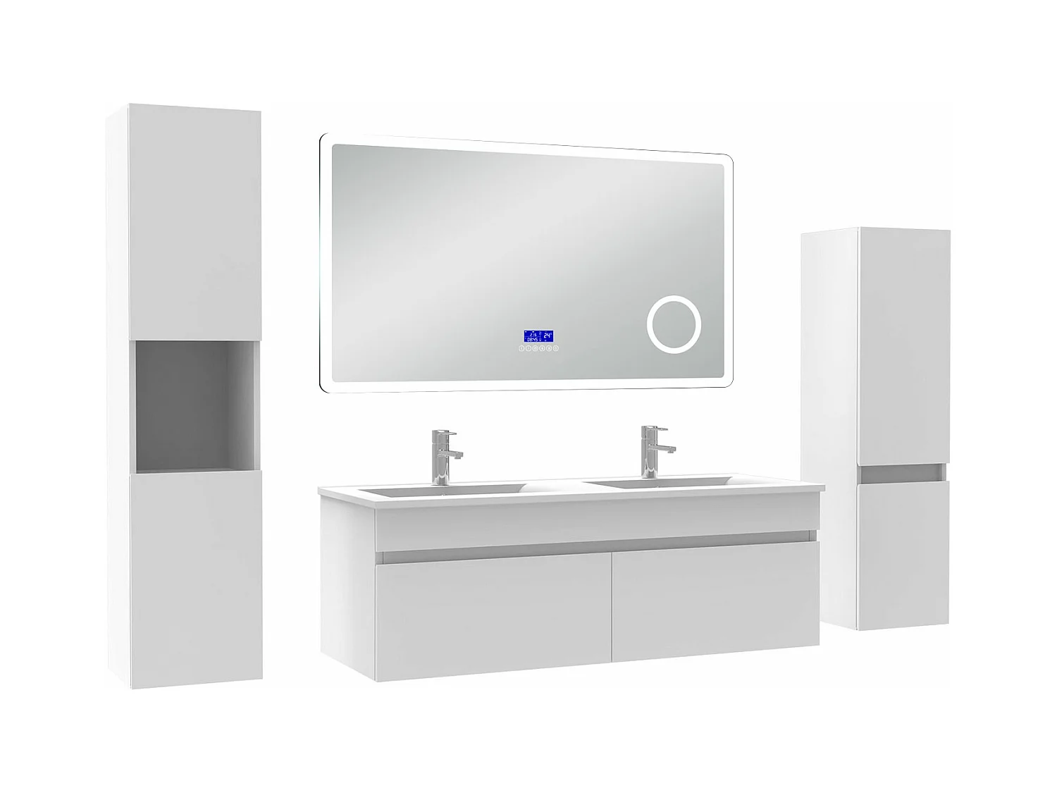 AICA Ensemble meuble Salle de Bain 120cm blanc avec 2 colonnes, double vasque et Led miroir dimmable avec 3 couleurs, Bluetooth et 3X grossissement.